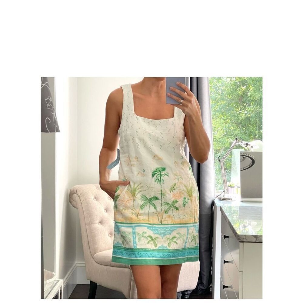 London Times Womens Sleeveless Palm Tree Linen Dress Size 6 Preppy Beachy Resort